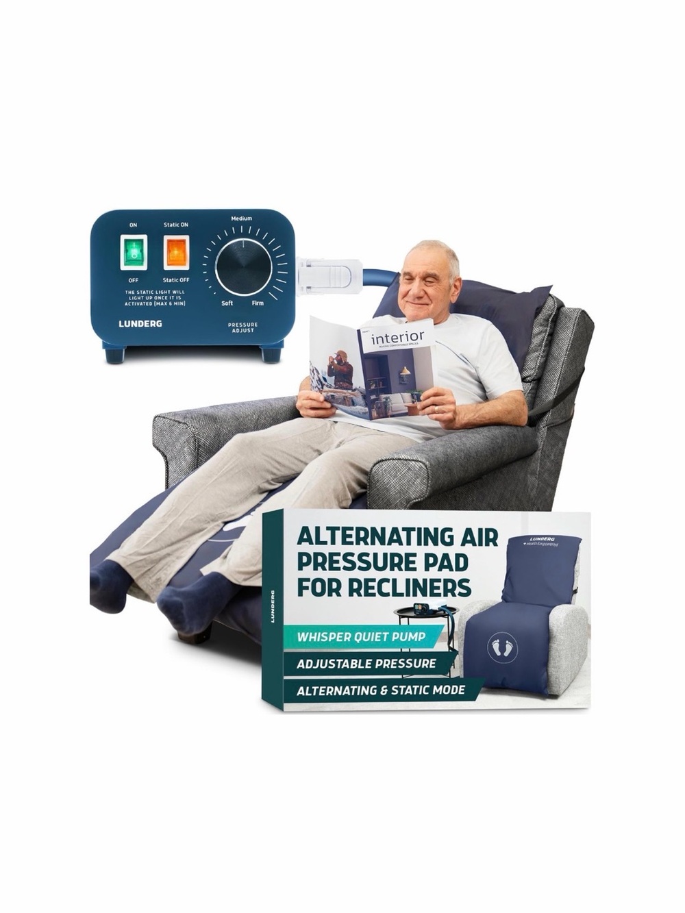 Lunderg Alternating Air Pressure Pad for Recliners - Navy Blue